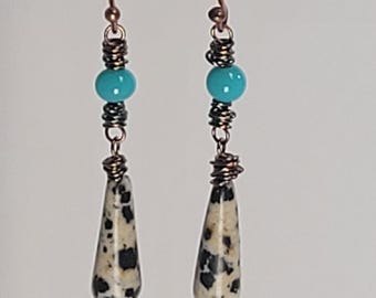 Handcrafted Dalmatian Jasper Teardrop Earrings with Turquoise Glass Beads