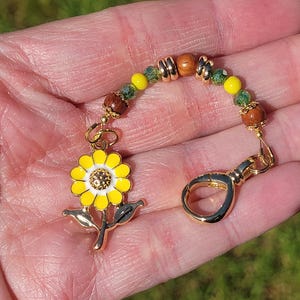 Handcrafted Sunflower Purse Charm: Spring Green Crystal & Wood Bead Bag Accessory