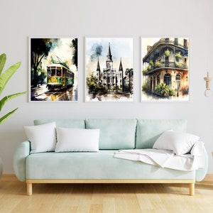 Juego de 12 pinturas de acuarela de Nueva Orleans, descarga digital, arte de pared imprimible, paisaje urbano de Luisiana, decoración sureña, colección de arte instantáneo