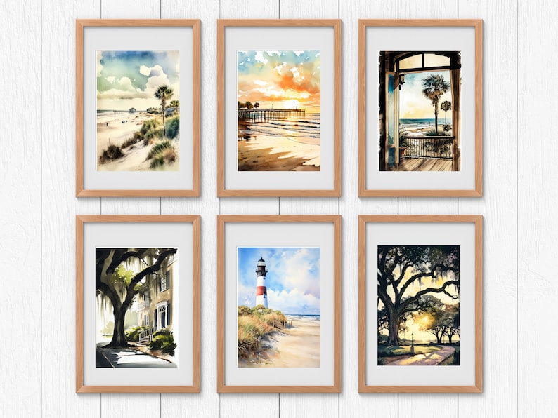 May include: Six framed watercolor paintings depicting various scenes of a coastal town. The paintings feature a beach with palm trees, a pier at sunset, a view from a window, a tree-lined street, a lighthouse on a beach, and a tree-lined path at sunset.