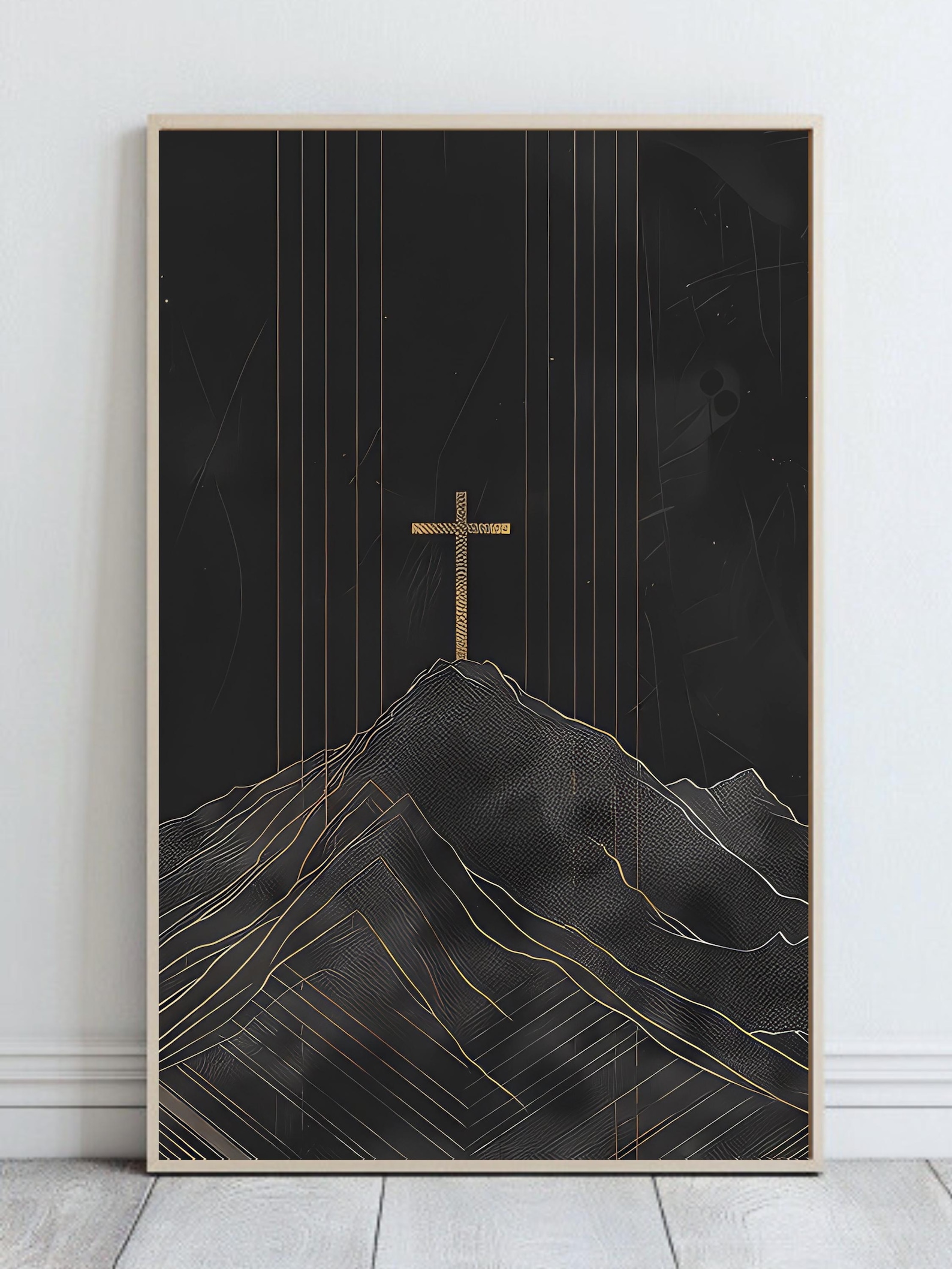 Modern Christian Cross Wall Art Printable | Mountain Faith | Black Gold ...