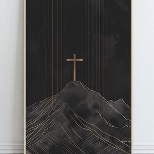Op de afbeelding: Een abstracte kunstprint in zwart en goud met een kruis op een berg. Het kruis en de berg zijn met goud omrand, de achtergrond is zwart.