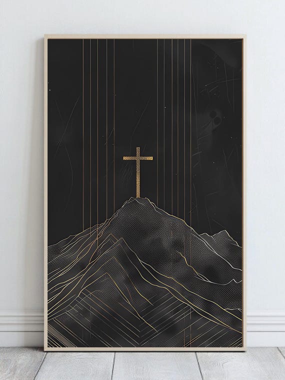 Modern Christian Cross Wall Art Printable | Mountain Faith | Black Gold Minimalist Religious Decor | Bible Artwork | Digital Download