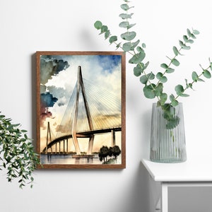 May include: A watercolor painting of a bridge with a sunset in the background. The bridge is a cable-stayed bridge with a white structure and a yellow road.