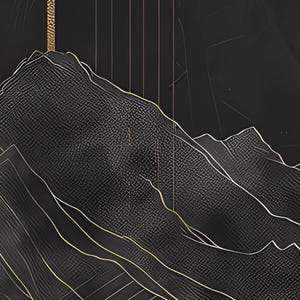 Op de afbeelding: Abstracte digitale kunstprint met een gouden kruis op een zwarte bergketen met een textuur achtergrond.