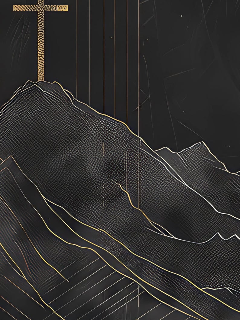 Op de afbeelding: Abstracte digitale kunstprint met een gouden kruis op een zwarte bergketen met een textuur achtergrond.