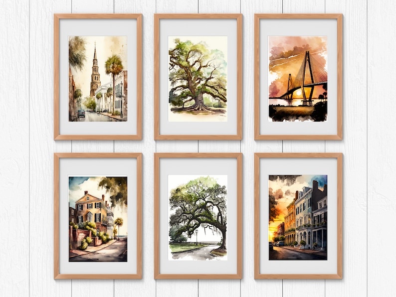 May include: Six framed watercolor paintings of Charleston, South Carolina. The paintings depict a church steeple, a large oak tree, a bridge, a historic house, another oak tree, and a row of houses at sunset.