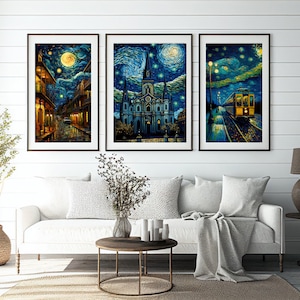 Juego de 6 cuadros de la noche estrellada de Nueva Orleans, descarga digital, arte de pared imprimible, obras de arte de Luisiana, decoración sureña, colección de arte instantáneo