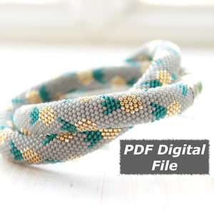 May include: Two beaded bracelets in a soft gray color, adorned with teal and gold accents. The bracelets are intertwined, showcasing a detailed pattern. The image includes a text overlay that reads "PDF Digital File".
