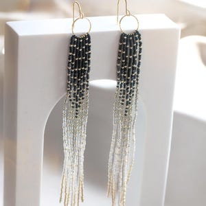 Fringe Beaded Earrings, Black,White & Gold Gradient Dangles, Handmade with High-Quality Seed Beads on 14K Gold Filled Hoops, Shoulder Duster