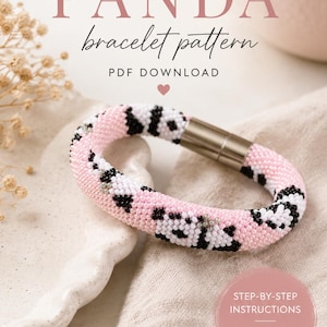 May include: A handmade bead crochet bracelet with a panda pattern. The bracelet features pink, white, and black beads and a silver clasp. The image also includes text that says "Panda bracelet pattern" and "PDF download."