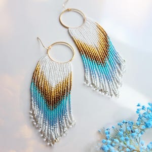 Boho Beaded Hoop Fringe Earrings, Pastel Blue, Gold & White,Handmade Dangle earrings,14K Gold Filled Hoops, Statement Jewelry