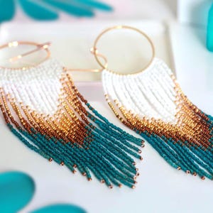 Boho Beaded Hoop Fringe Earrings, Teal Gold & White,Handmade dangle earrings,14K Gold Filled Hoops,Festival Summer Jewelry,Statement Jewelry