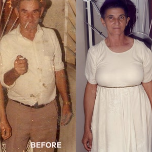 May include: A before and after photo restoration of a couple standing together. The photo on the left is faded and has a white spot on the woman's dress. The photo on the right is restored and the colors are more vibrant.