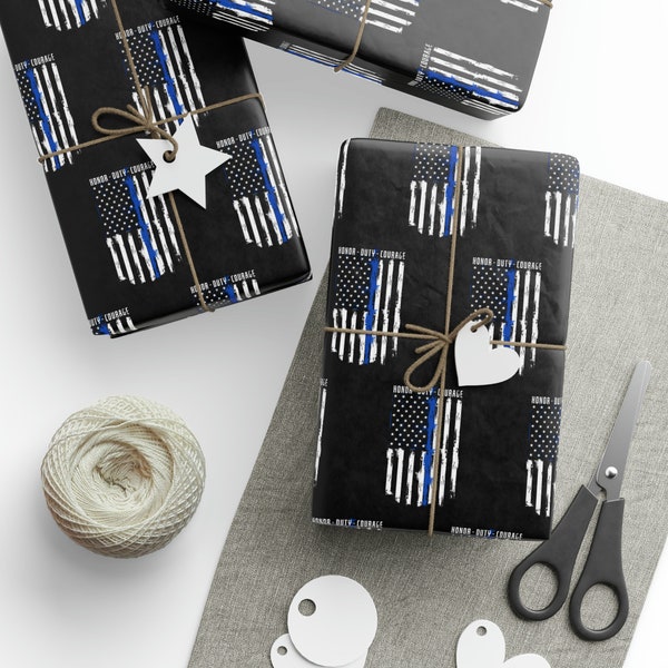 Honor, Duty, Courage Thin Blue Line Police Officer Flag Custom Design Wrapping Paper Retirement Birthday Special Occasion Gift Giving