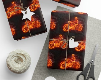 Fiery Red Flame Skeleton Biker Custom Wrapping Paper Motorcycle Rider Lover Edgy Birthday Christmas Gift Giving