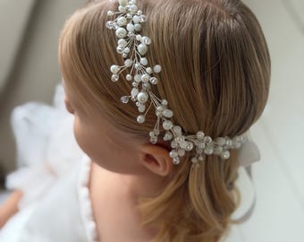 Delicate Pearl & Crystal Bridal Halo — Flower Girl Headpiece, Wedding Headband with Ribbon, Bridal Hair Vine, Rustic Boho Halo