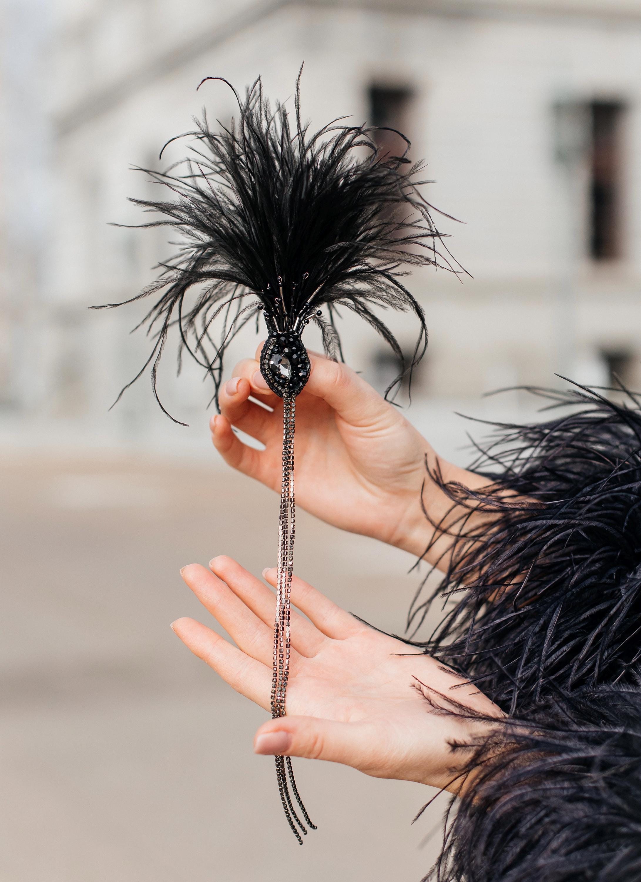 Black Feather Crystal Brooch  Pin/ or Feather hair clip, Handmade Custom Gold Black Feather Hair Clip, Gold Peacock Hair Clip, 1920s  main image 2