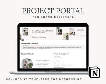 May include: A laptop computer screen displaying a website for a project portal for brand designers. The website is titled "Studio Collective" and features a project overview and studio details. The laptop is on a white surface with a black and white "N" logo in the lower right corner.