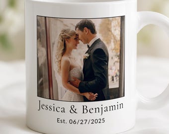 Personalized Wedding Mug, Custom Photo Names and Date, Anniversary Gift, Newlywed Coffee Cup, Bridal Shower Keepsake, 1st Anniversary Gift