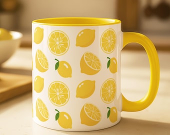 Lemon Mug, Cute Fruit Pattern Ceramic Accent Mug, Yellow Coffee Cup, Summer Kitchen Décor & Housewarming Gift