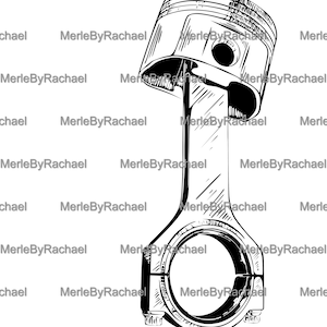 Puede incluir: Un dibujo en blanco y negro de un pistón y una biela. El pistón está en la parte superior de la imagen y la biela se extiende hacia abajo hasta la parte inferior de la imagen.