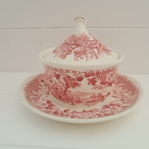 Red English Porcelain Sugar Bowl with Stand Seaforth Wood&#39;s Burslem England Vintage