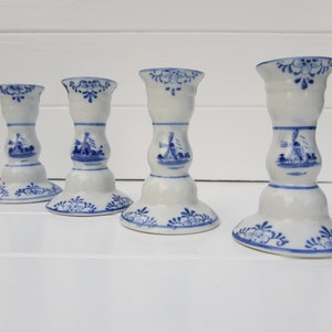 Porcelanowy świecznik Delft, niebieski motyw z wiatrakiem ręcznie malowany vintage