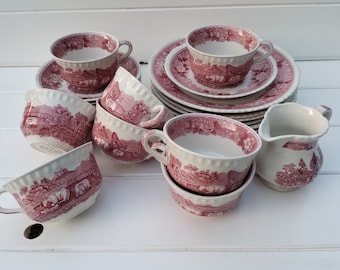 Englische Porzellantassen Adams English Ironstone rotes Motiv mit Nutztieren England Scenic