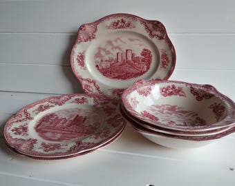 Englische Teller, Schüsseln, Kuchenständer Johnson Bros England „Old Britain Castles“ Ironstone Vintage