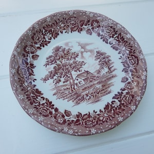 Plate, red English porcelain saucer under cup Country Style Staffordshire England vintage