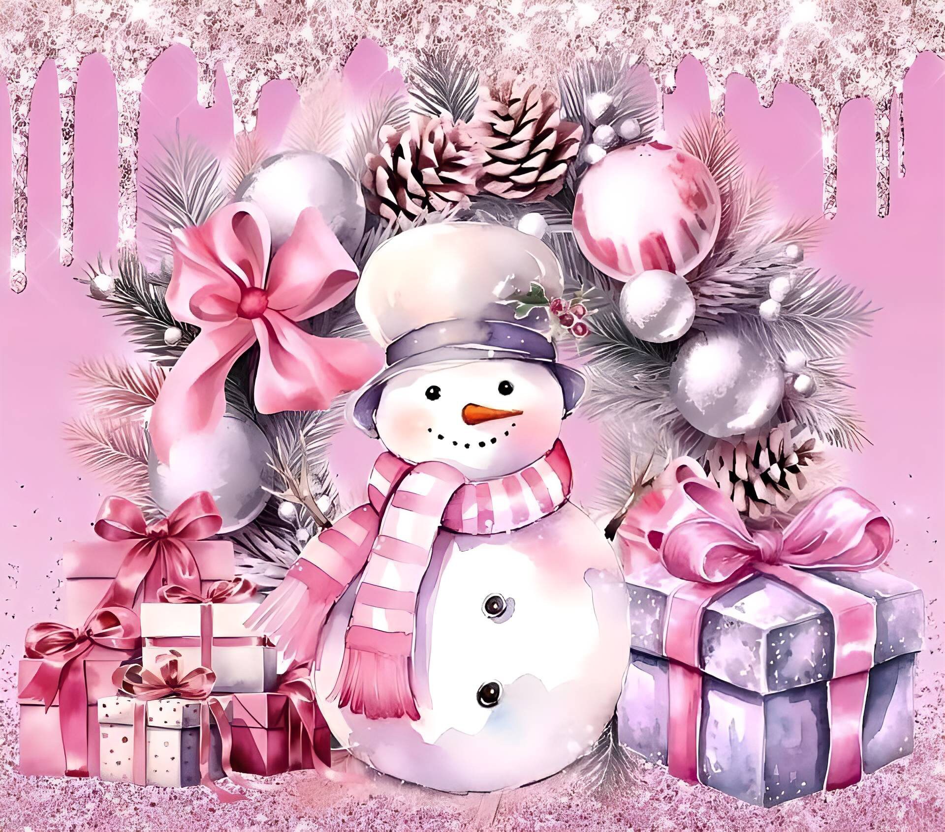 Pink Snowman With Present ls And Drip 20 iz Tumbler Wrap- Digital Download, Drip Wrap, Christmas Wrap, Holiday Tumbler Wrap, Pink Tumbler