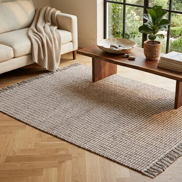 Handwoven Neutral Cotton Rug | Braided Boho Farmhouse Area Rug | 4x6 Ft Size