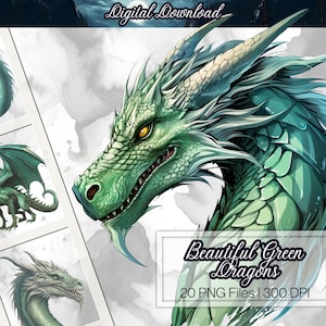 Imágenes Prediseñadas de dragón verde, uso comercial, PNG 300 DPI para descarga digital, imágenes prediseñadas de fantasía, álbumes de recortes, libros basura, sublimación, PoD, obras de arte