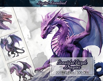 Lila Drache Clipart, kommerzielle Nutzung, PNG 300 DPI für digitalen Download, Fantasy ClipArt, Scrapbooks, Junk-Bücher, Sublimation, PoD, Kunstwerk