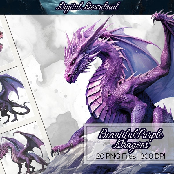 Purple Dragon Clipart, Commercial Use, PNG 300 DPI for Digital Download, Fantasy Clip art, Scrapbooks, Junk Books, Sublimation, PoD, Artwork