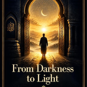 Könnte beinhalten: Ein Poster mit dem Titel From Darkness to Light: A new journey to Islam, das eine Person in einem dunklen Steinbogen zeigt, die auf einen hellen Sonnenaufgang über Bergen blickt, mit einer Mondsichel und arabischer Kalligrafie links.