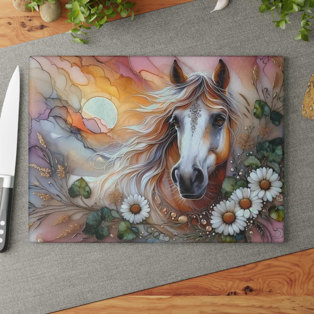 Glass Cutting board, featuring Horses. main image 1