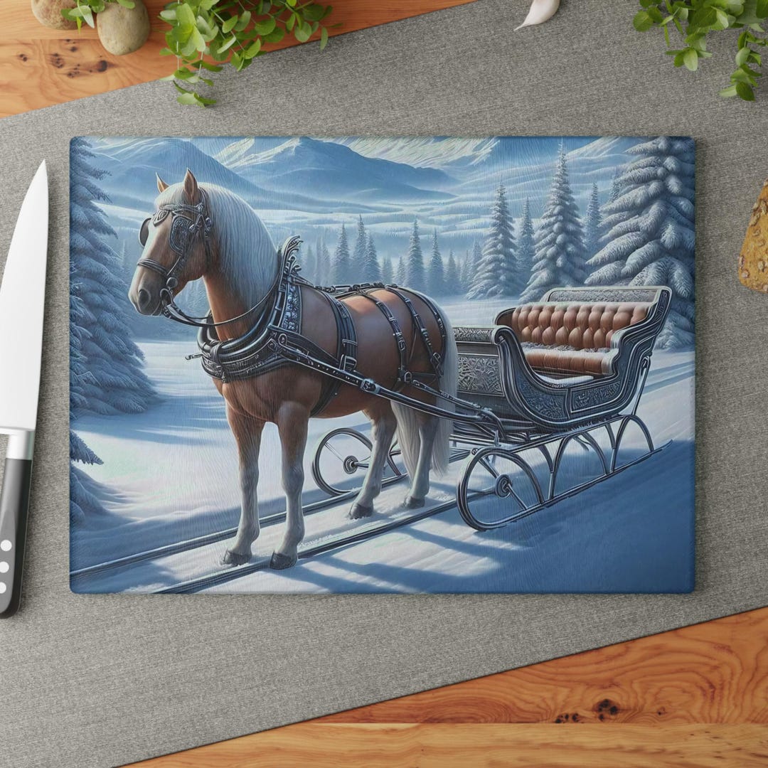Glass Cutting board, featuring Horses.
