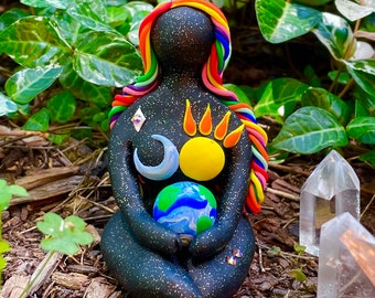 Mother Goddess Universe - polymer clay figurine divine feminine sparkly rainbow sun moon earth stars