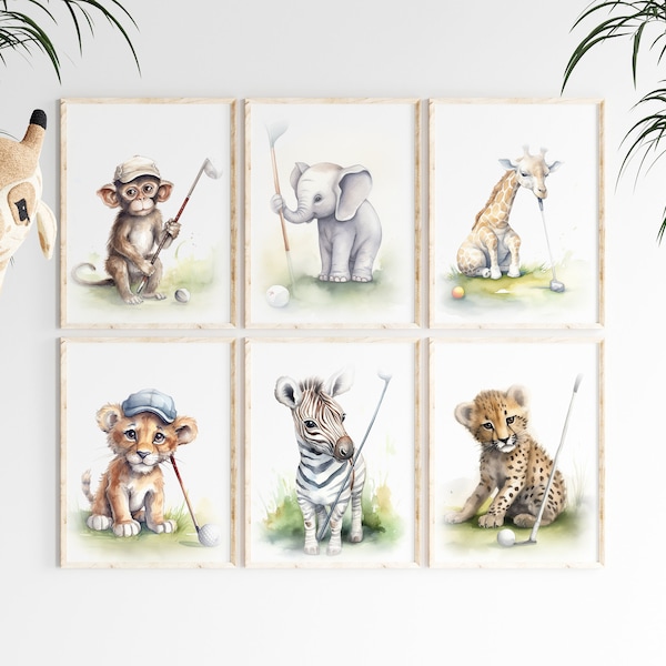 GOLF SAFARI DIEREN - Set van 6 - Kwekerij Art Print - Jongenskamer - Meisjeskamer - Aquarel Muurkunst - Kinderkunst - Muurdecoratie - Babyshower Cadeau