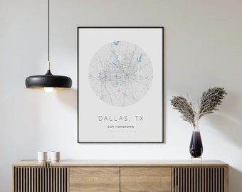 Dallas Texas Map, Your Choice, Gift for couples, Home Town Map, Personalized Map Print, Custom Poster, City Wall Art, Digital file