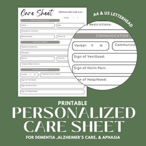 Plan de atención personalizado imprimible / Hoja de plan de atención para cuidadores con Alzheimer, demencia o afasia / Descargable / Tamaño membretado de EE. UU. y A4