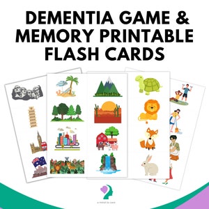 May include: A set of printable dementia game and memory flash cards. The cards feature colorful illustrations of various objects, including a lion, a fox, a rabbit, a turtle, a waterfall, a house, a city, a forest, a mountain, and a beach.