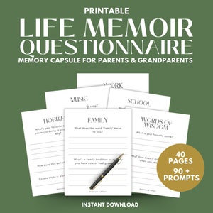 Printable Life Memoir Fragebogen | Geführte Journal Anweisungen für alternde Eltern und Großeltern | Memory Care Fragen | Druckfertig |