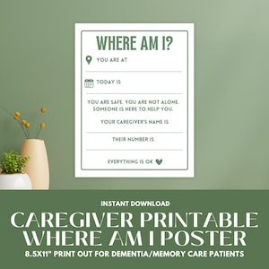 Cartello stampabile DOVE SONO per assistenza a persone affette da demenza o Alzheimer / Cartello di orientamento per l'assistenza domiciliare / Carta intestata USA e A4 /