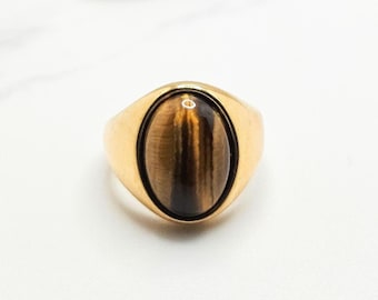 Gold Plated Tiger's Eye Ring: Stainless Steel. Unisex Jewelry. Precious stone ring.