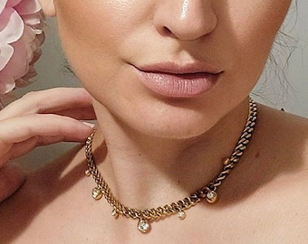 Gold Plated Cuban Chain Necklace with Zircons. Chunky. Statement.