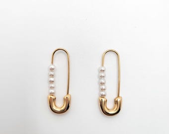 Gold Plated Pearl Safety Pin Earrings: Statement Jewelry. Trendy.