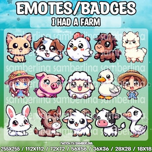 15 Farm Animal Emotes/Badges Bundelpakket - Twitch, Youtube, Discord, Tiktok | Schattige Chibi-landbouw | Paard | Ezel | Alpaca | Koe